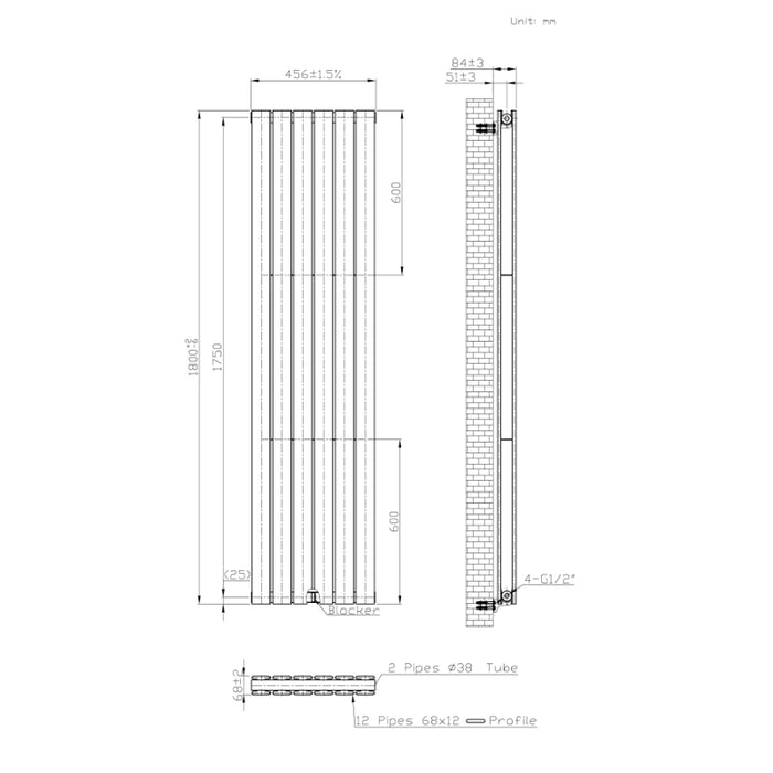 Cadiz Flat Vertical Double Panel Radiator 1800 x 452mm - Anthracite