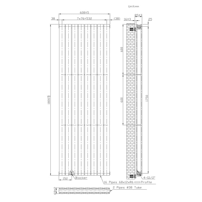 Cadiz Flat Vertical Double Panel Radiator 1800 x 600 mm - Anthracite