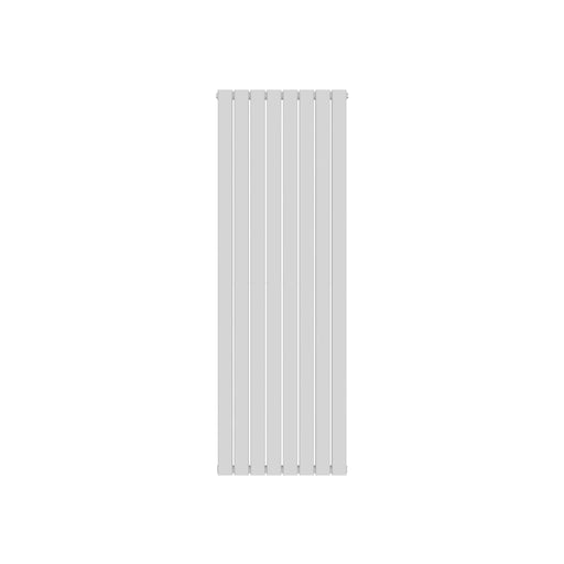 White vertical double-panel flat radiator with ribbed panels, front view.