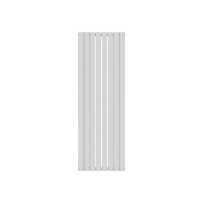White vertical double-panel flat radiator with ribbed panels, front view.