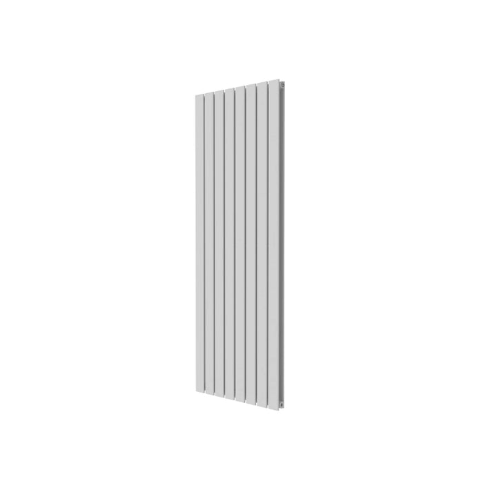 White vertical double-panel radiator, angled view showing slim depth.