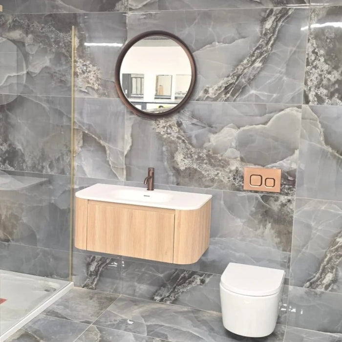 Fluted 870mm Wall Hung Curve Corner Vanity with Matte Basin - Country Oak