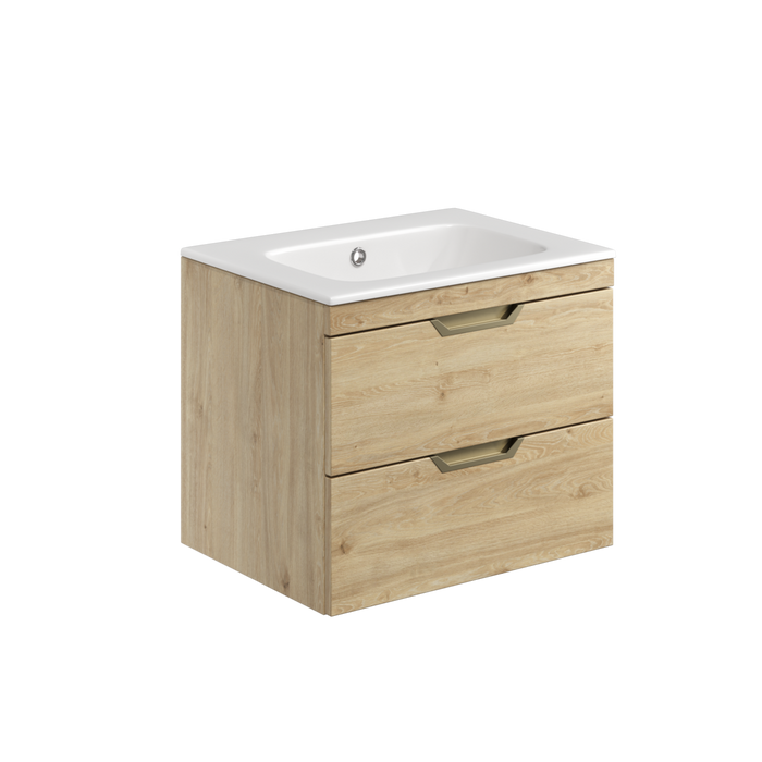 Bathroom vanity with white countertop and two drawers on a white background