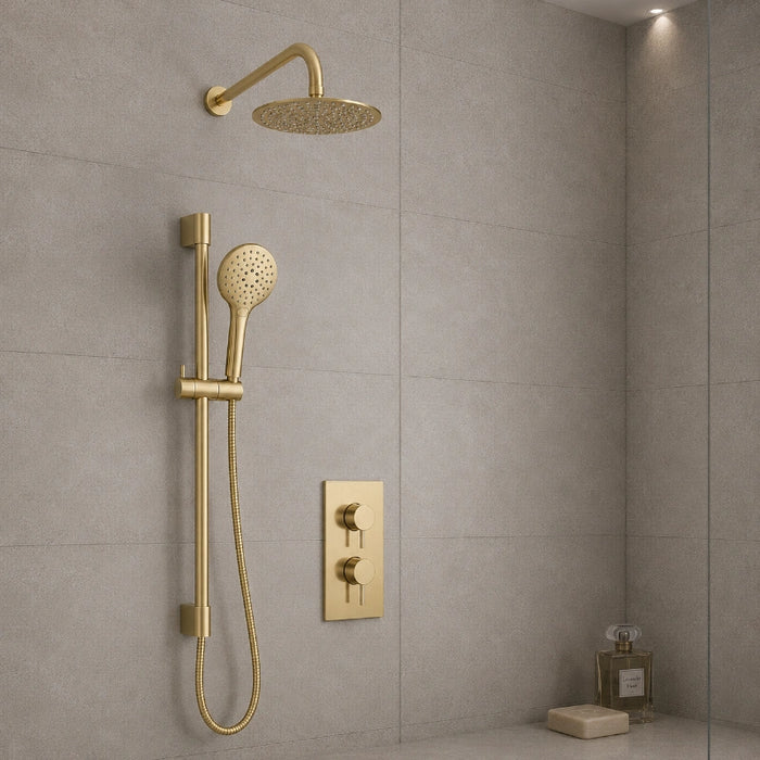 Concealed Brushed Brass Thermostatic Shower Valve with Rail, Hose & Head