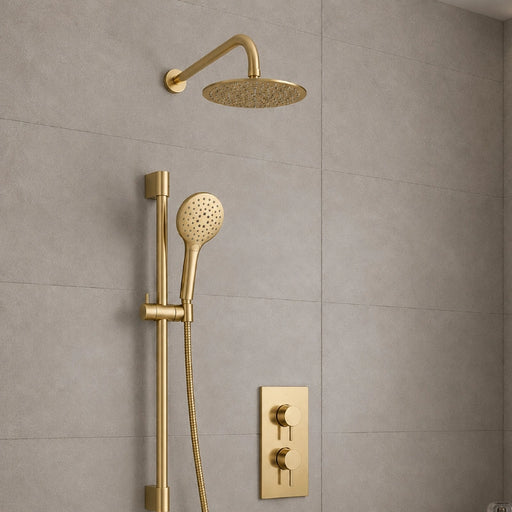 Brushed brass thermostatic shower set with rain head, hose, and control valve panel
