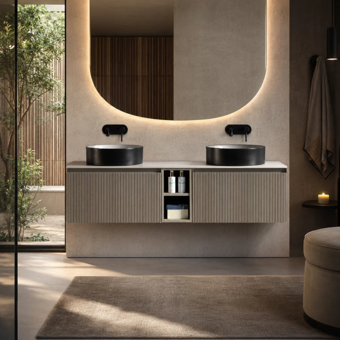 Fluted 1400mm Wall Hung Double Vanity with Storage - Soft Coffee