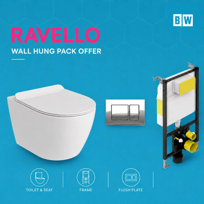 Rimless Wall Hung White Toilet, Frame & Button Pack