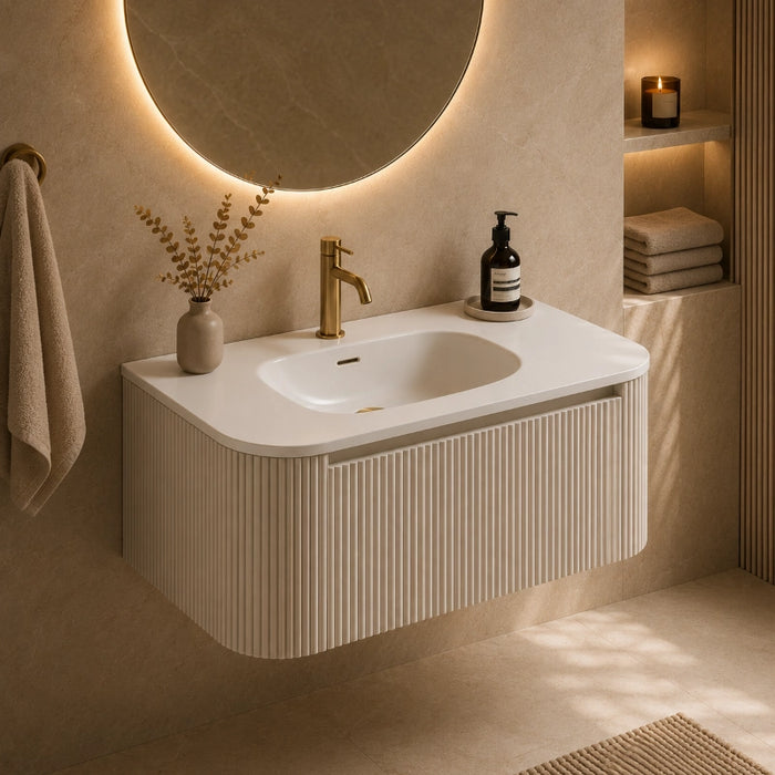 Fluted 870mm Wall Hung Curve Corner Vanity with Matte Basin - Soft Coffee