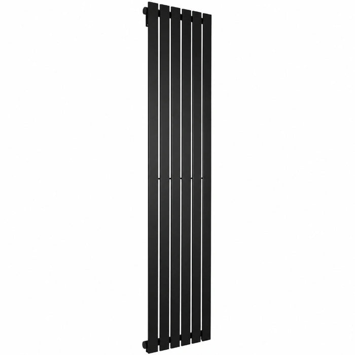 Black vertical double-panel flat radiator with vertical bars and end valves