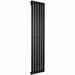 Black vertical double-panel flat radiator with vertical bars and end valves
