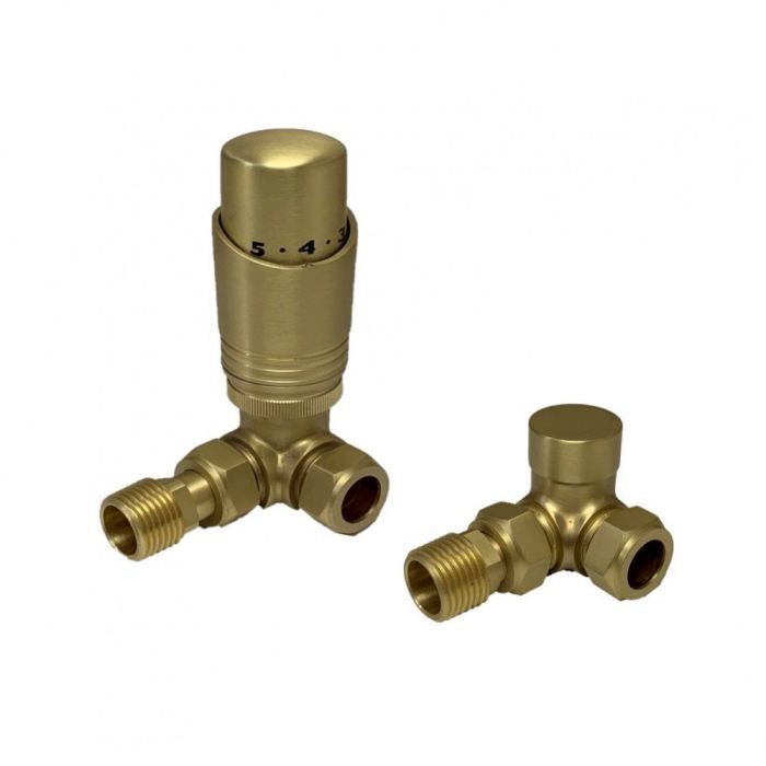 Brushed Brass Corner Thermostatic Radiator Valves - Bathroom Warehouse