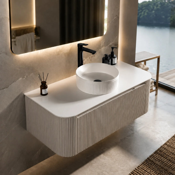 Fluted 1075mm Wall Hung Curved Corner Vanity with Countertop – Soft Coffee