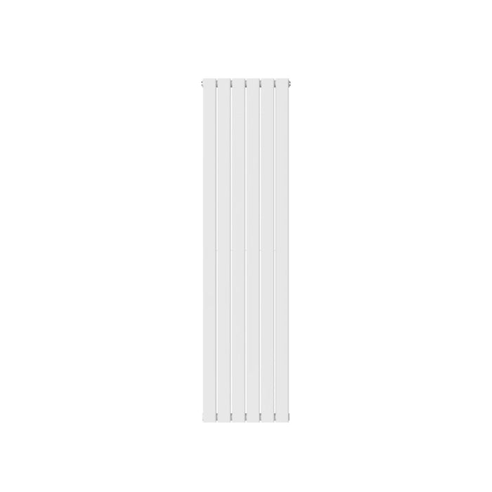 White vertical flat radiator with two panel columns and evenly spaced vertical ribs