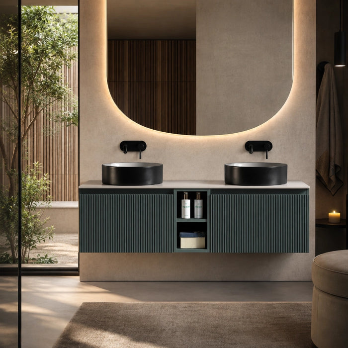 Fluted 1400mm Wall Hung Double Vanity with Storage - Smoked Sage