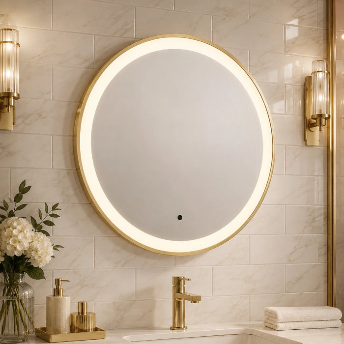 Novara Round Brushed Brass Bathroom Mirror with Lights 600mm