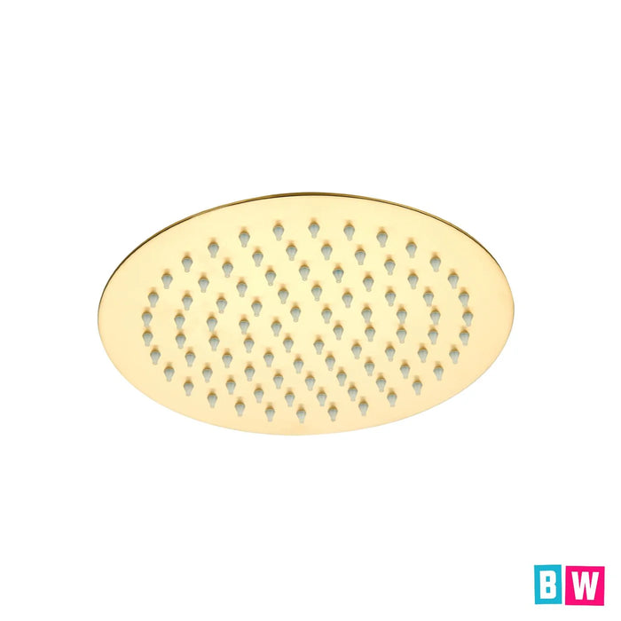 Round brushed brass rain shower head with evenly spaced spray holes