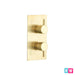 Brushed brass shower wall control plate with two round knobs and levers