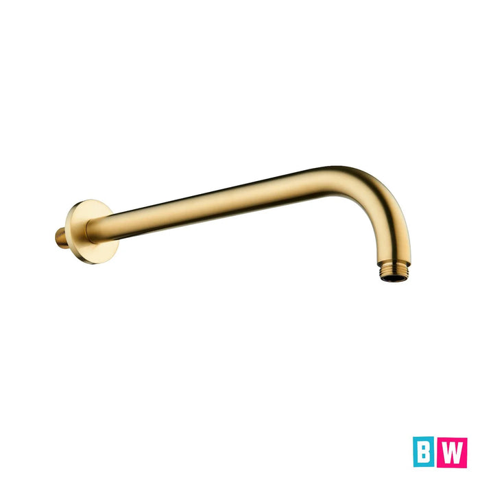 Brushed brass shower spout arm with wall backplate and angled outlet