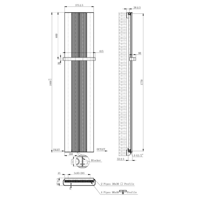 Cordoba Anthracite 375mm Aluminium Vertical Radiator - Inc. Towel Rail - Bathroom Warehouse