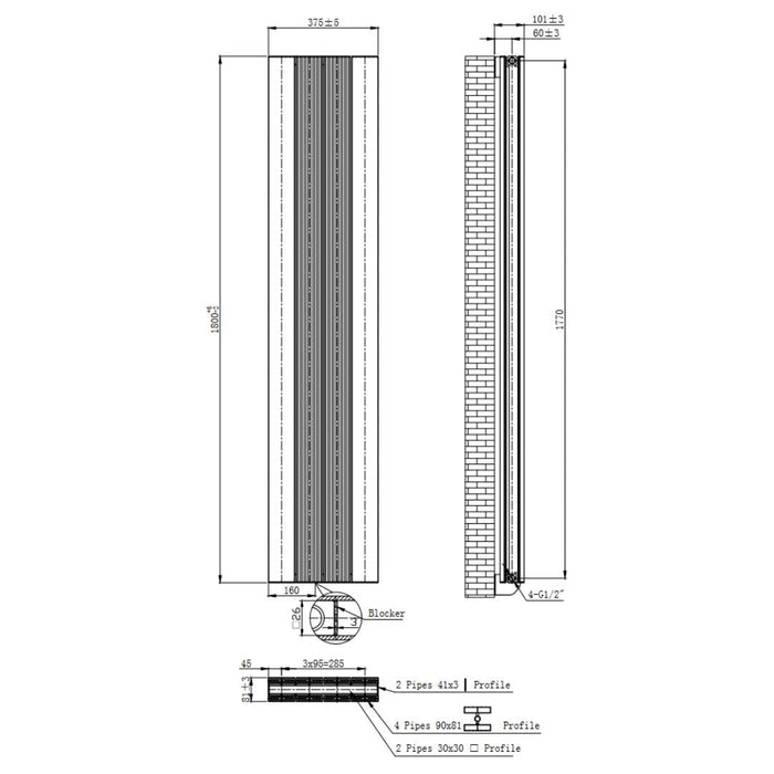 Cordoba Black Aluminium Vertical Radiator 1800x375mm Double - Bathroom Warehouse