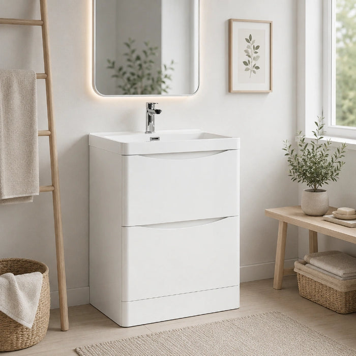 Rimini 600mm 2 Drawer Floor Standing Vanity Unit with Basin White