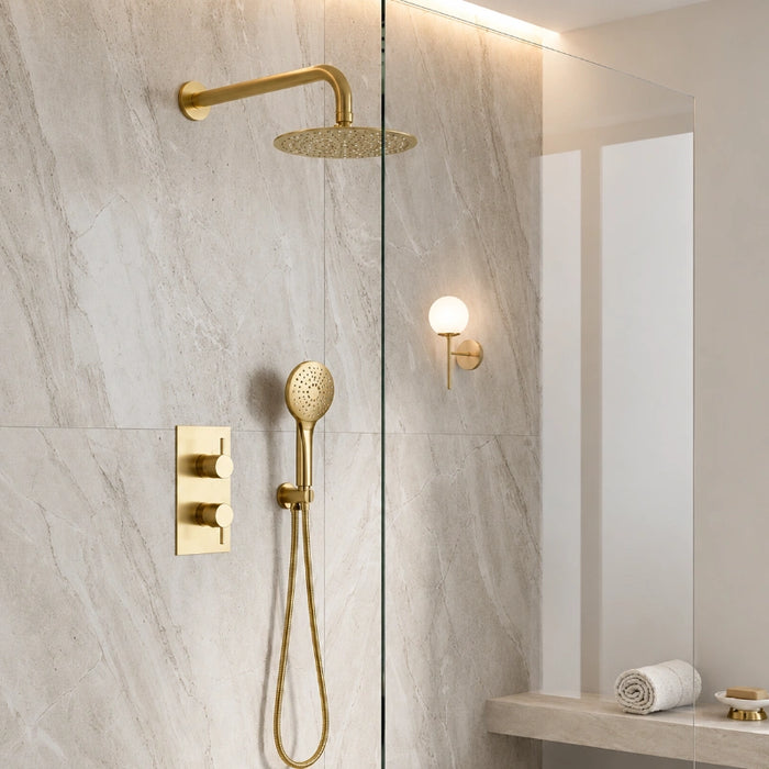 Concealed Brushed Brass Thermostatic Shower Kit with Outlet, Hose & Head