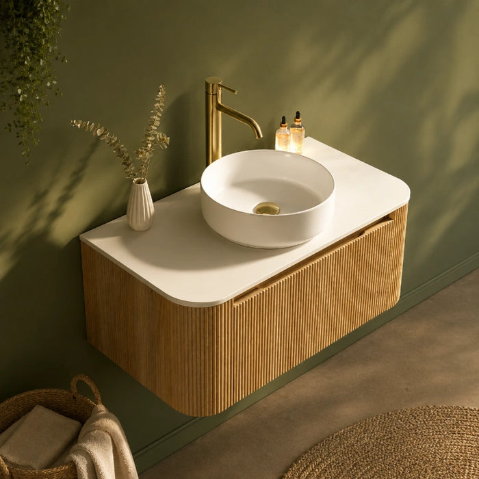 Fluted 870mm Wall-Hung Curved Corner Vanity Unit with Counter Top – Country Oak