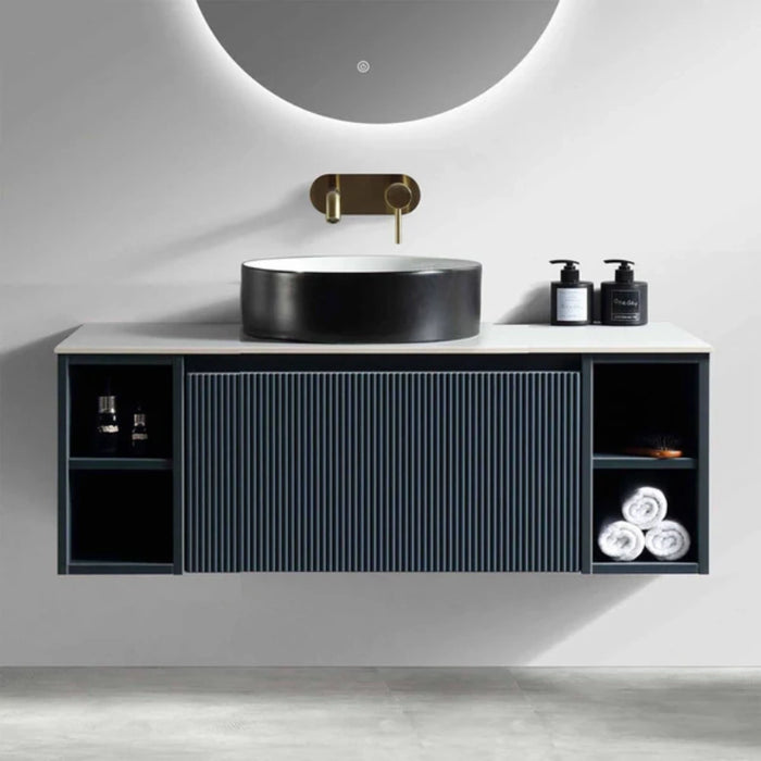 Fluted 1000mm Wall-Hung Vanity Unit with 2 Side Storage – Midnight Shadow