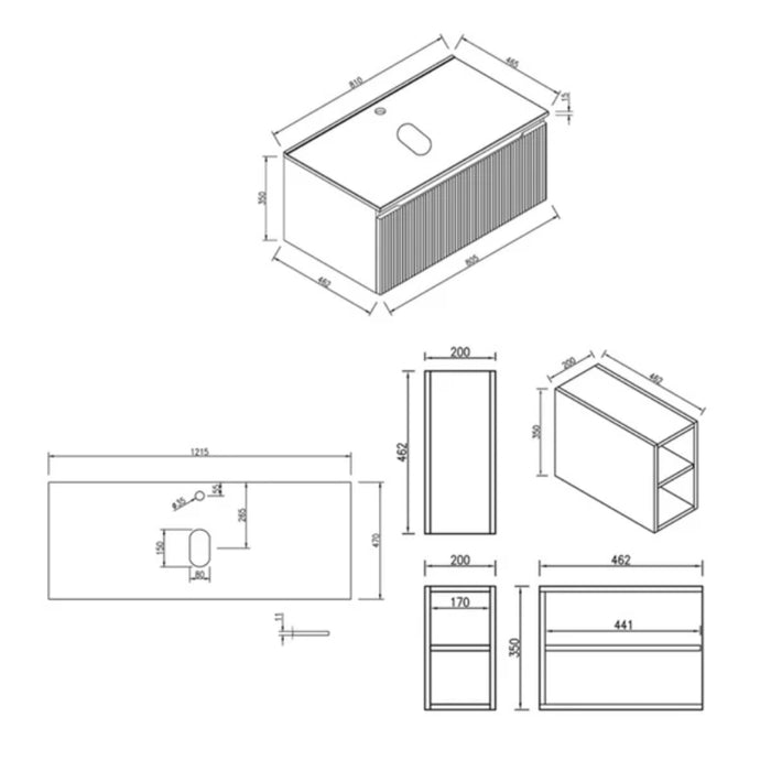 Fluted 1200mm Wall Hung Vanity with 2 Side Storage - Smoked Sage