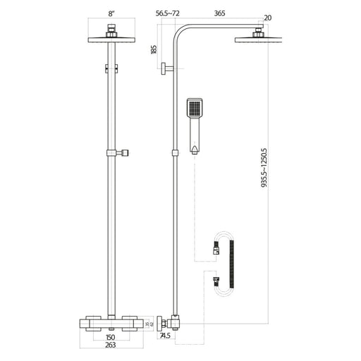 Flow T - Bar Shower with Rail & 200mm Square Drench Head Set in Black - Bathroom Warehouse