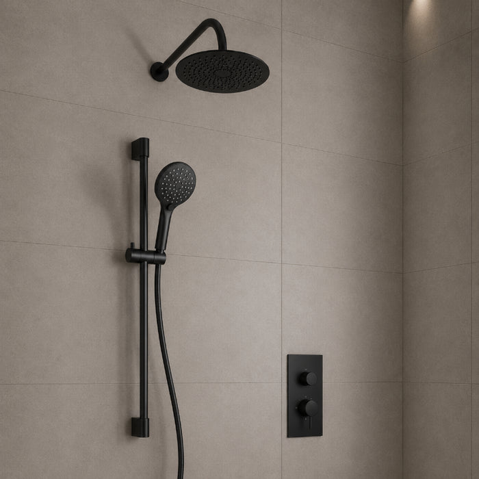 Concealed Black Thermostatic Shower Valve with Rail, Hose & Head