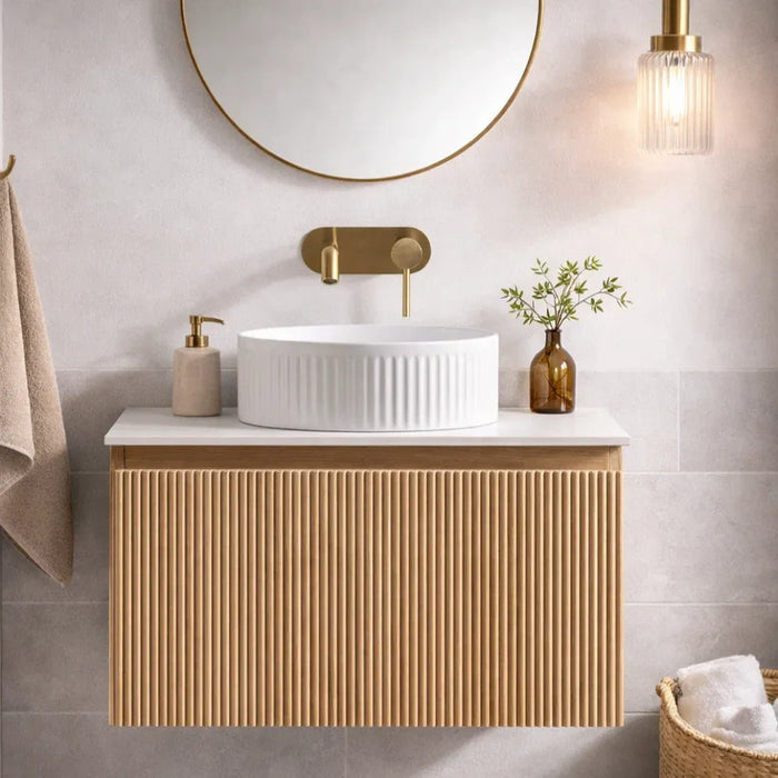 Fluted 600mm Wall Hung Vanity with Counter Top - Country Oak
