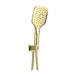 Brushed brass handheld shower head with flexible hose connections.