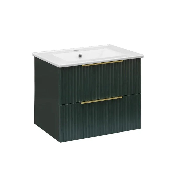 600mm Forest Green Wall Hung Vanity Unit with Basin and Brushed Brass Round Mirror