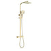 Brushed brass shower set with square rain head, handheld head, and hoses.