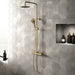 Brushed brass shower set with round rain head, T-bar, hand shower, and basin tap