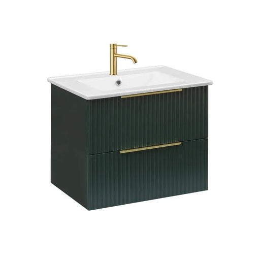 Wall-hung bathroom vanity cabinet in forest green with white basin and gold tap