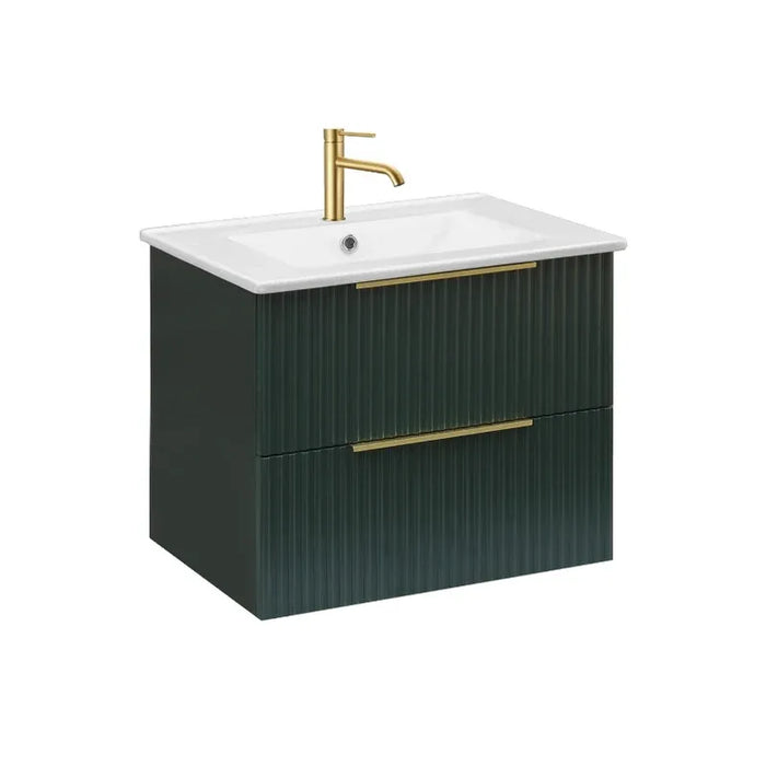 600mm Forest Green Wall Hung Vanity Unit with Basin and Brushed Brass Round Mirror