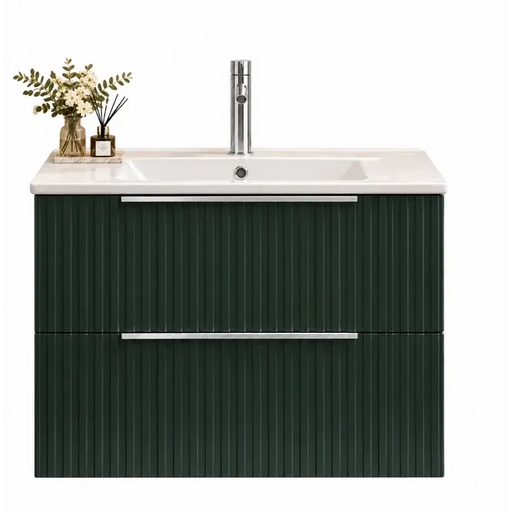 Forest green wall-hung vanity unit with white basin and chrome mixer tap