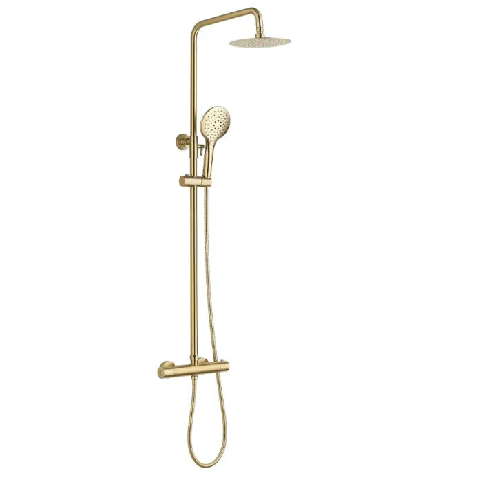 Brushed brass shower rail set with round rain head, hand shower, and controls