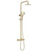Brushed brass shower rail set with round rain head, hand shower, and controls