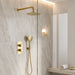 Brushed brass shower mixer with wall valve and round overhead shower head