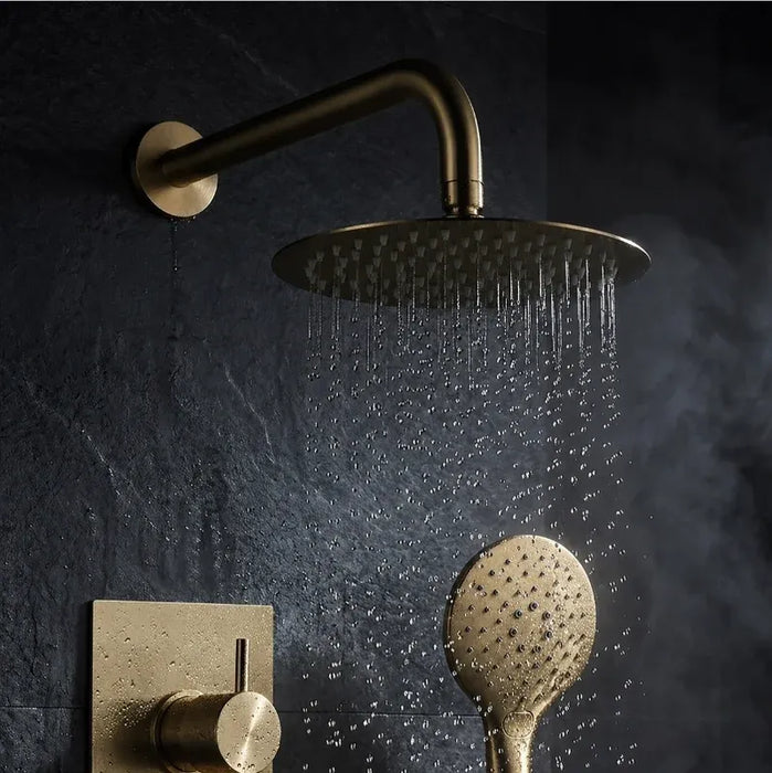 Brushed brass overhead shower head and wall arm with matching round handset