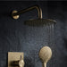 Brushed brass overhead shower head and wall arm with matching round handset