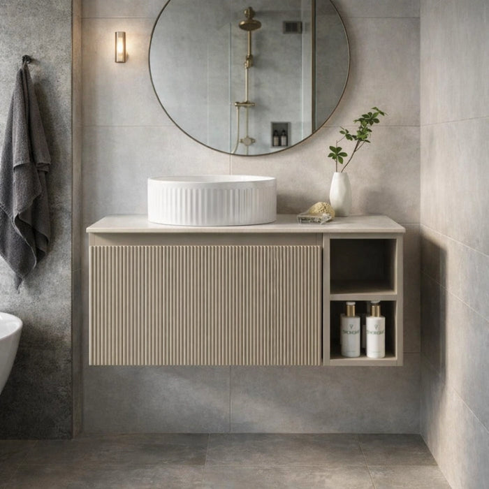 Fluted 800mm Wall Hung Vanity Unit with Side Storage Box & Counter Top - Soft Coffee