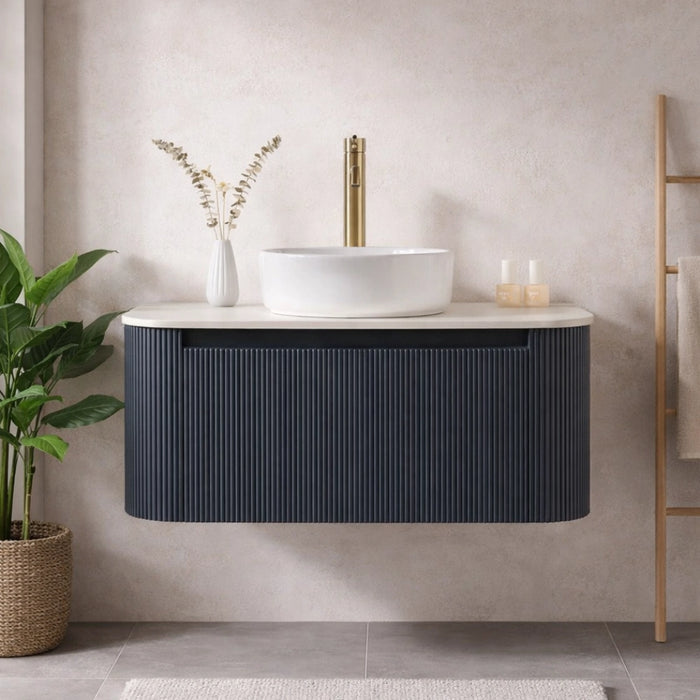 Fluted 870mm Wall-Hung Curved Corner Vanity with Countertop – Midnight Shadow