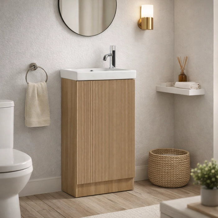 Mini Fluted Cloakroom Vanity Unit with Ceramic Basin - Country Oak