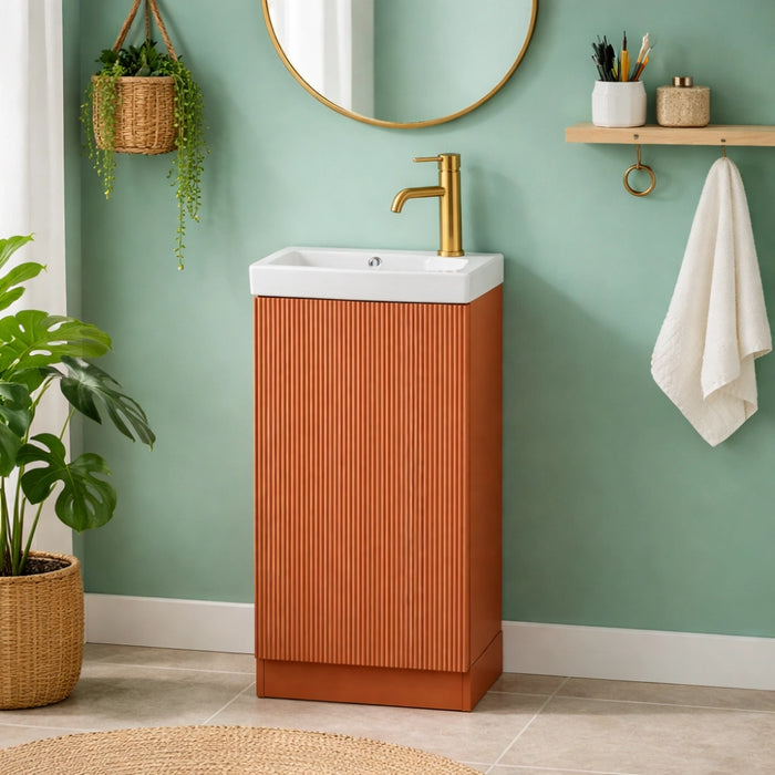 Mini Fluted Cloakroom Vanity Unit with Ceramic Basin - Bruciata Orange