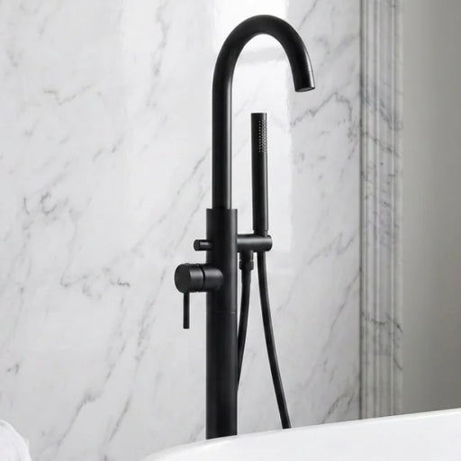 Matte black freestanding bath tap with high curved spout and two control pipes