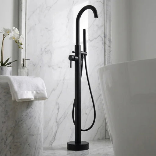 Matte black freestanding bath tap with tall curved spout and flexible hose